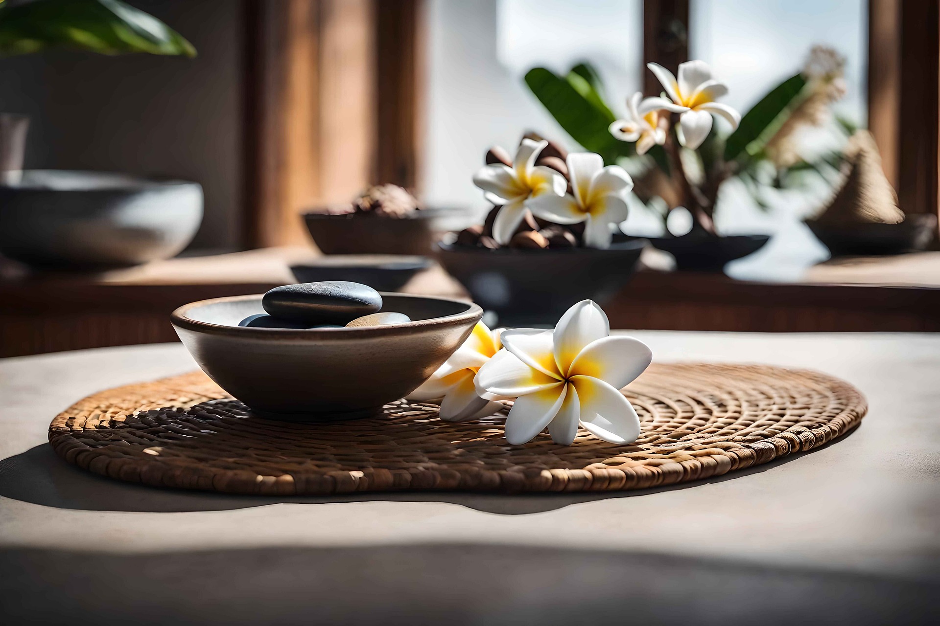 Fleurs de frangipanier et galets de massage sur tapis en rotin ambiance spa voyage au kerala