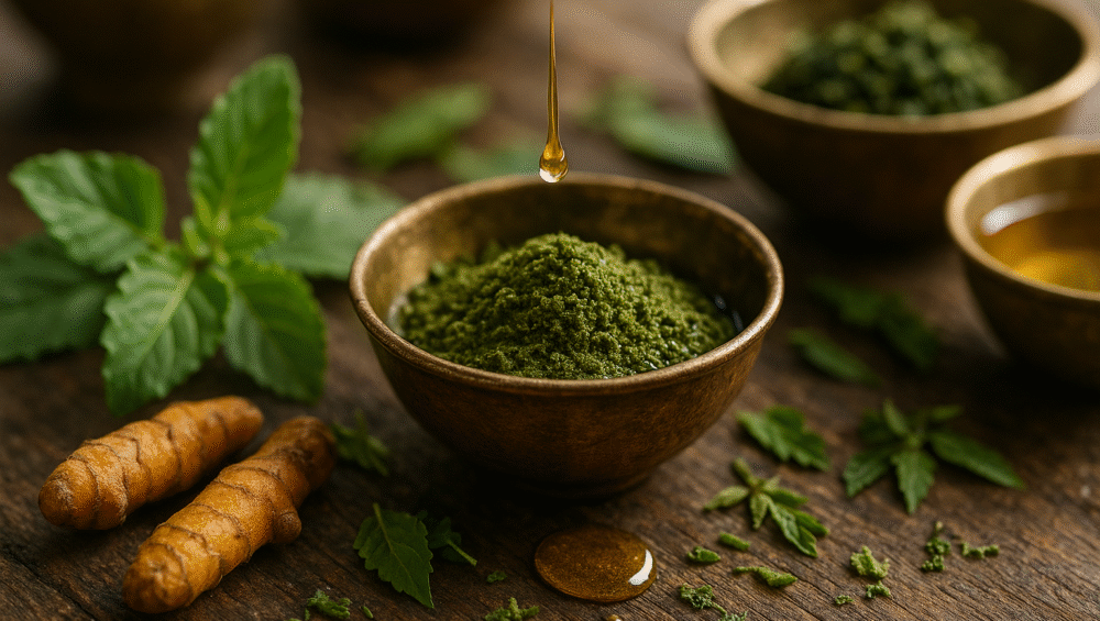 Close-up of Ayurvedic herbal powder in a brass bowl with turmeric roots, neem leaves, and oil drops, representing Panchakarma detox therapy in Kerala.