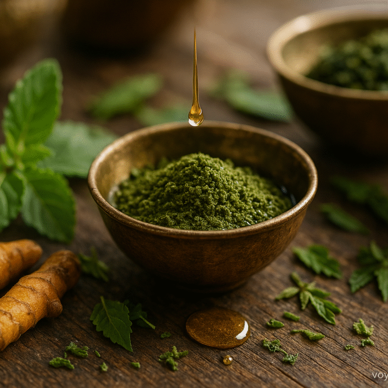 Close-up of Ayurvedic herbal powder in a brass bowl with turmeric roots, neem leaves, and oil drops, representing Panchakarma detox therapy in Kerala.