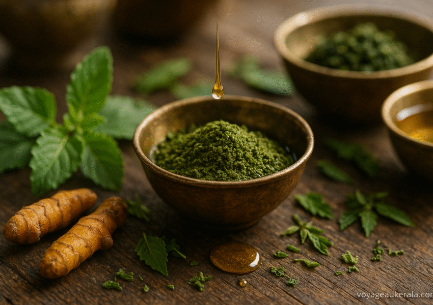 Close-up of Ayurvedic herbal powder in a brass bowl with turmeric roots, neem leaves, and oil drops, representing Panchakarma detox therapy in Kerala.